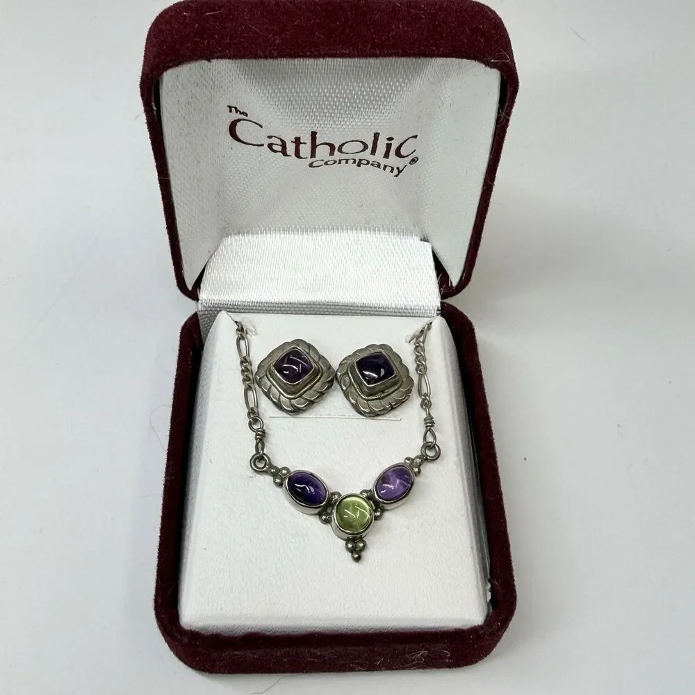 Sterling Silver Amethyst Peridot Pendant Necklace & Matching Stud Earring Set